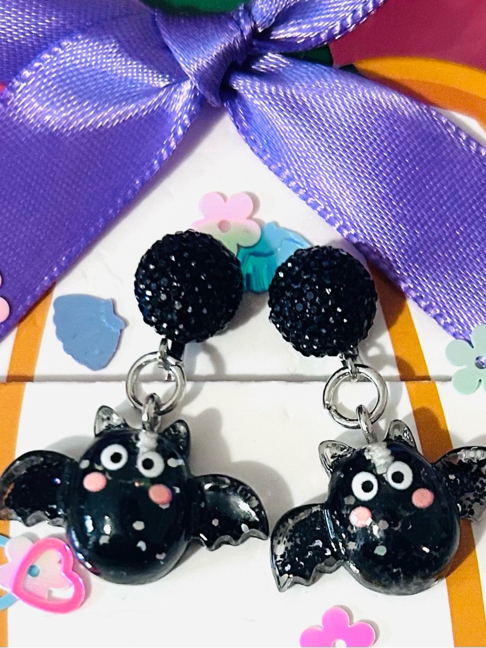 Sparkly Halloween Bat Clip On Earrings